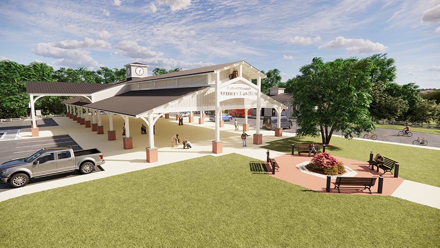 Front view of the Armory Pavilion and parking