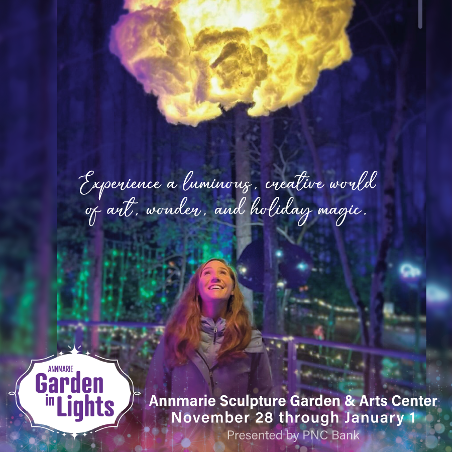 woman standing in front of light display at night 